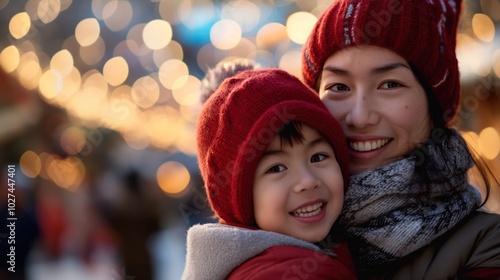 An Asian mother and child share a warm smile while celebrating Gingerbread House Day together