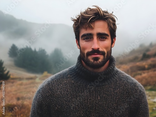 Rugged Gentleman on Misty Mountain Trail Explores Cozy Outdoor Lifestyle photo