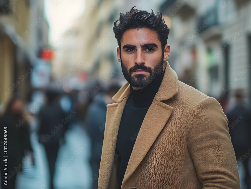 Confident Businessman in a Stylish Camel Coat Strolling Through a Bustling European City Street Confident Businessman in a Stylish Camel Coat Strolling Through a Bustling European City Street