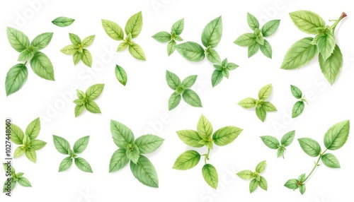 Set of mint leaves on isolated white background, watercolor illustration, herbs digital clip art AI Generate