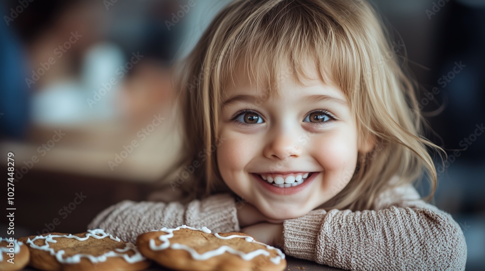 A happy child smiles brightly while enjoying freshly baked cookies during the festive occasion A happy child smiles brightly while enjoying freshly baked cookies during the festive occasion