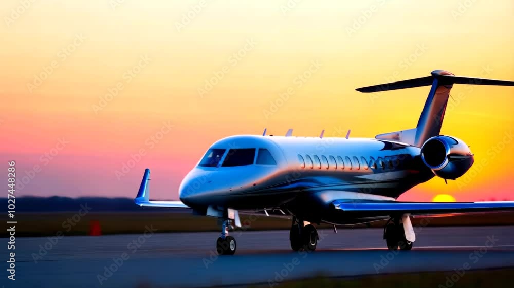 Private Jet on Runway at Sunset Private Jet on Runway at Sunset
