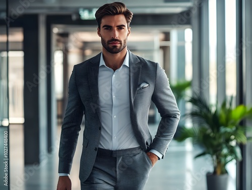 Handsome Businessman Confidently Strolling Through Sleek Modern Office Space