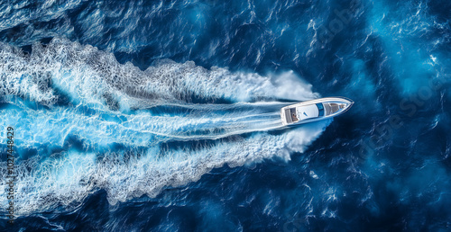 A speedboat in the middle of blue water leaving trails behind it, drone shot, top view, minimalistic, simple, cinematic, symmetrical composition, in the style of Kodak film photography.