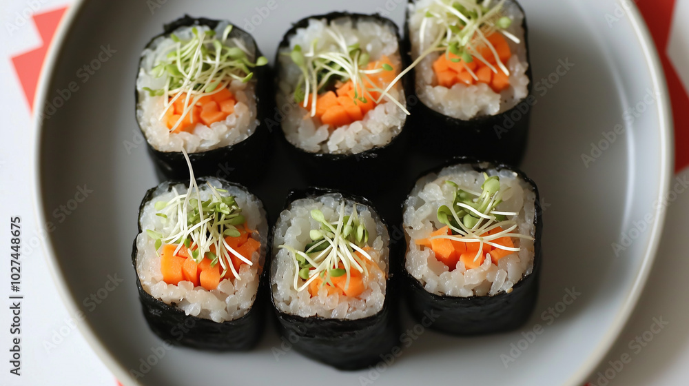 Sushi rolls with carrot and sprouts on a white plate, wrapped in black nori sheets Sushi rolls with carrot and sprouts on a white plate, wrapped in black nori sheets
