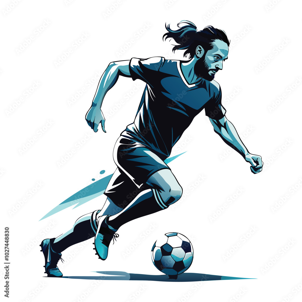 Naklejka premium Vector illustration of a football player mid-dribble, focusing on footwork and movement. Smooth, clean lines perfect for sports apparel and products.