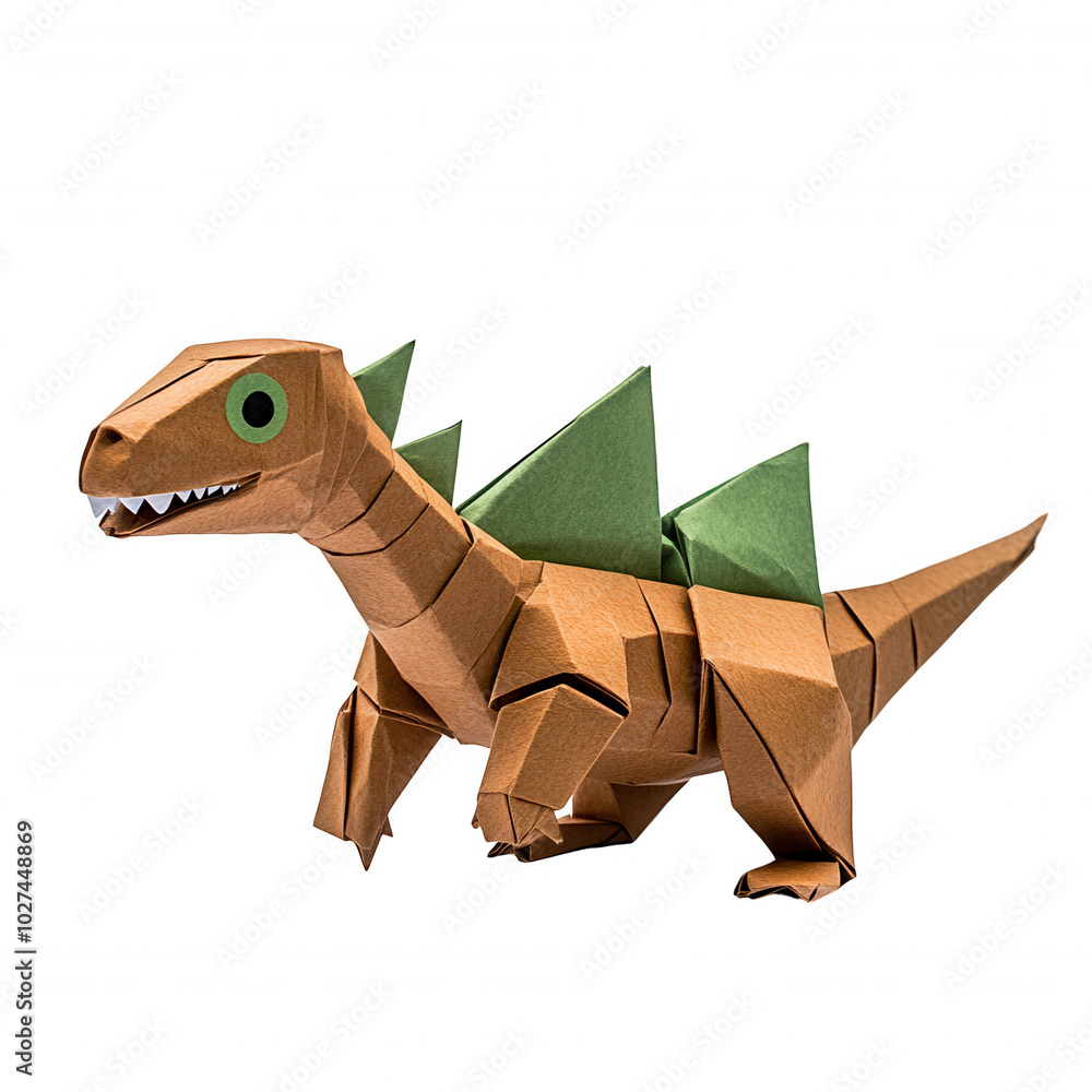 Fototapeta premium Origami Dinosaur Figurine Made from Green and Brown Cardboard on Black Background