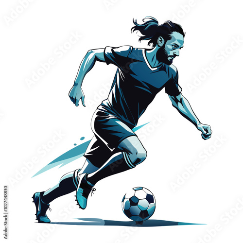 Vector illustration of a football player mid-dribble, focusing on footwork and movement. Smooth, clean lines perfect for sports apparel and products.