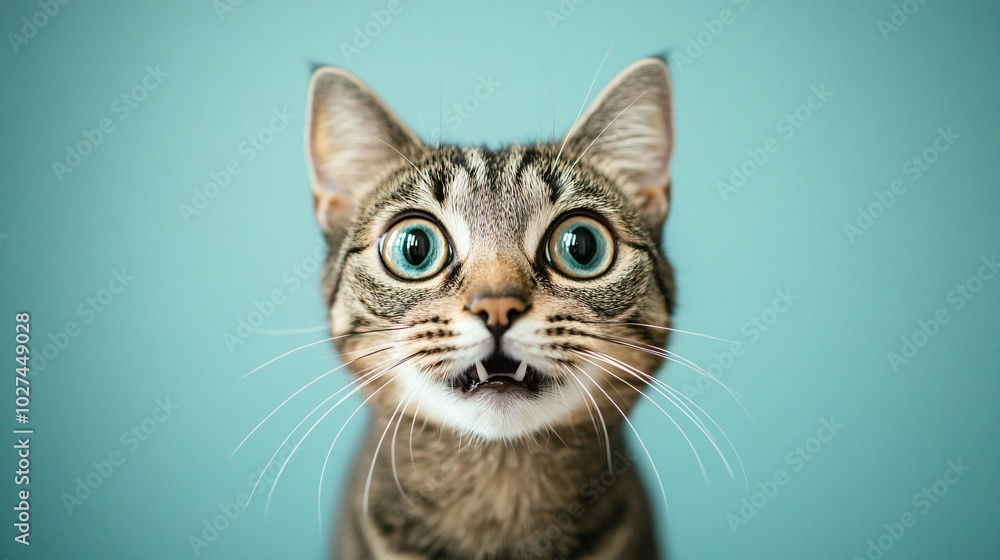 Close-up portrait of a tabby cat with big blue eyes looking at the camera with a surprised expression against a blue background. Close-up portrait of a tabby cat with big blue eyes looking at the camera with a surprised expression against a blue background.