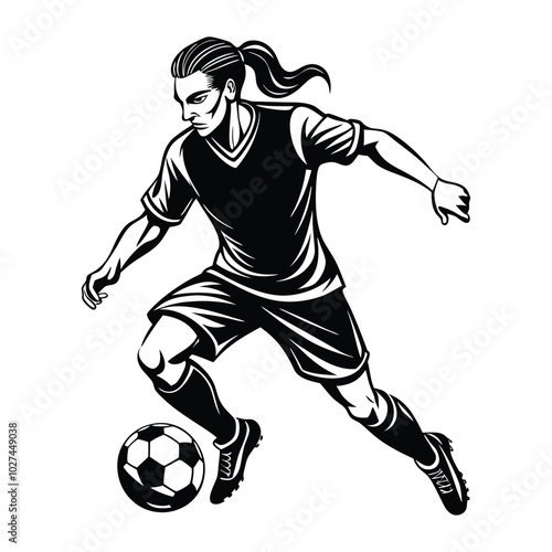 Vector illustration of a football player mid-dribble, focusing on footwork and movement. Smooth, clean lines perfect for sports apparel and products.