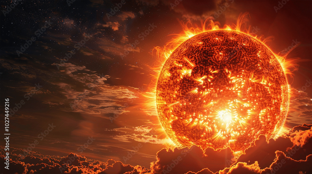 Sun star surface with flares close up. Sun star surface with flares close up.