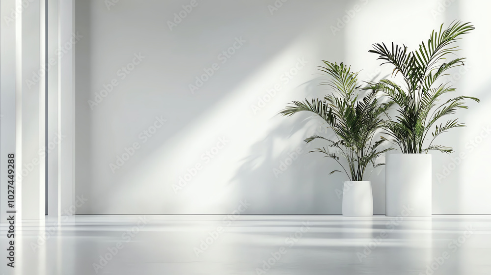 Modern indoor space with potted plants on minimalistic white background. Modern indoor space with potted plants on minimalistic white background.