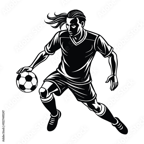 Vector illustration of a football player mid-dribble, focusing on footwork and movement. Smooth, clean lines perfect for sports apparel and products.