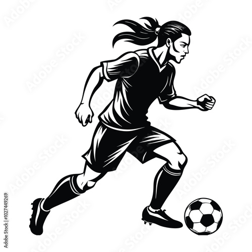 Vector illustration of a football player mid-dribble, focusing on footwork and movement. Smooth, clean lines perfect for sports apparel and products.