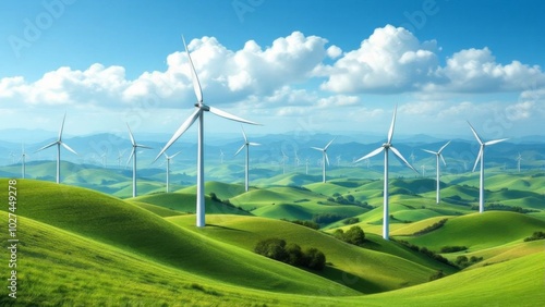 Wind turbines on rolling green hills under blue sky 