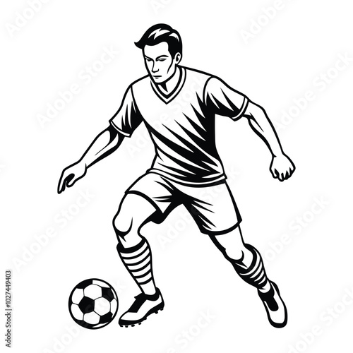 Vector illustration of a football player mid-dribble, focusing on footwork and movement. Smooth, clean lines perfect for sports apparel and products.