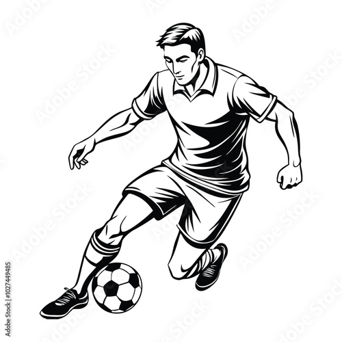 Vector illustration of a football player mid-dribble, focusing on footwork and movement. Smooth, clean lines perfect for sports apparel and products.