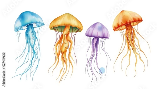 Watercolor jellyfish set, isolated on white background underwater AI Generate