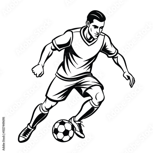 Vector illustration of a football player mid-dribble, focusing on footwork and movement. Smooth, clean lines perfect for sports apparel and products.