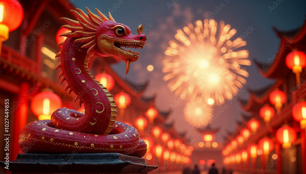 Fototapeta premium Red snake statue celebrating chinese new year with fireworks in background