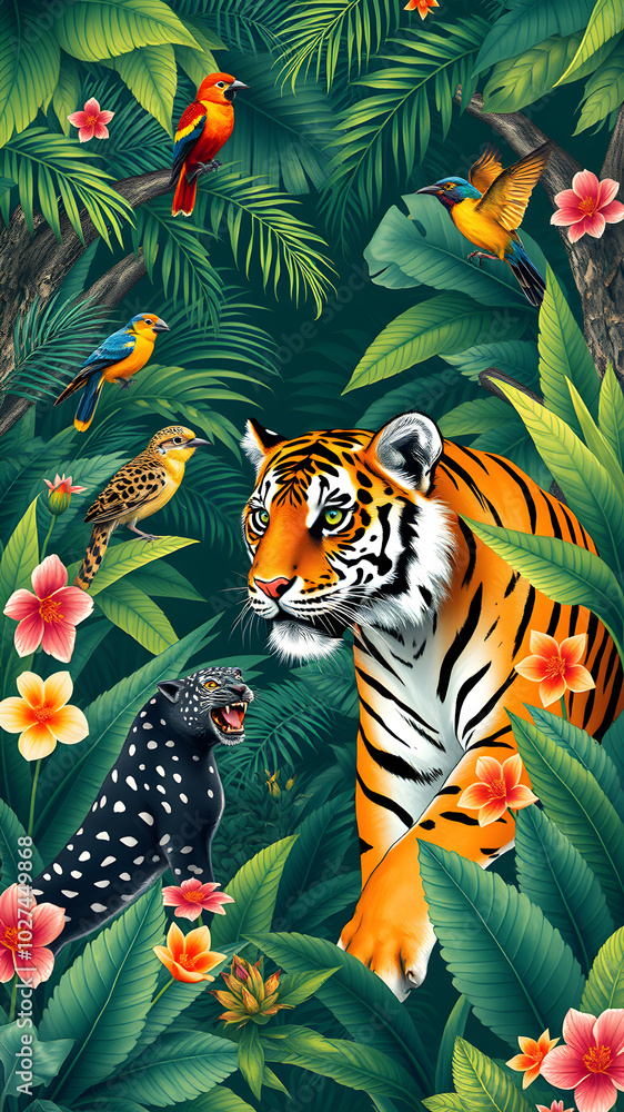 Obraz premium Jungle, tropical illustration. tiger, panther, birds, palm trees, flowers. safari wild african animals. amazon forest animal illustration on wallpaper for kids room, interior design. Generative AI