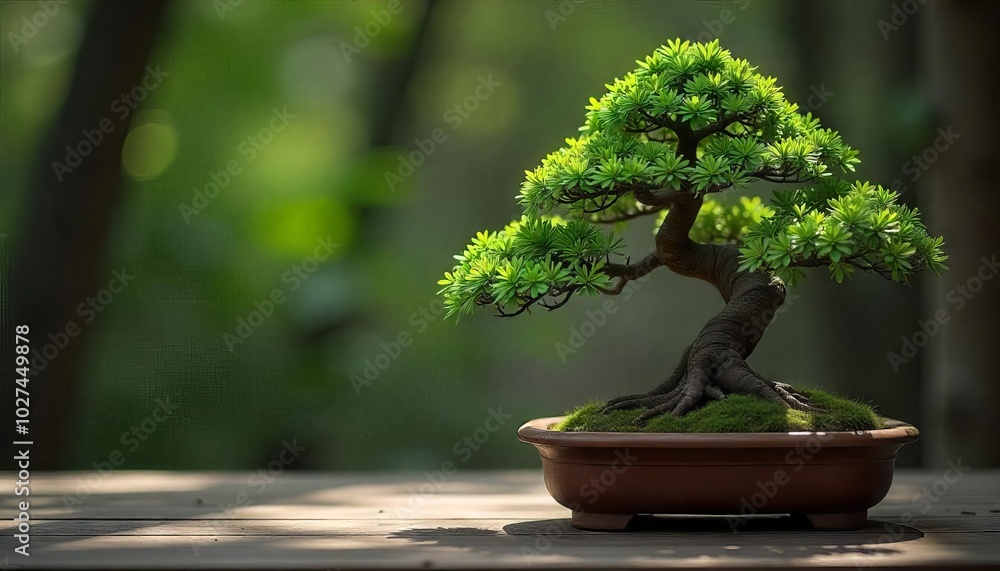 Small bonsai tree standing on wooden surface with blurred background Small bonsai tree standing on wooden surface with blurred background