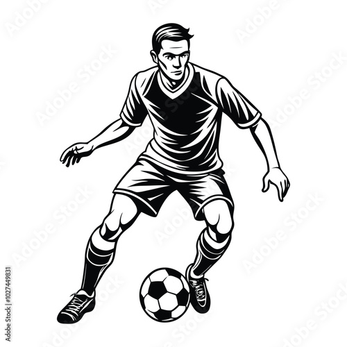 Vector illustration of a football player mid-dribble, focusing on footwork and movement. Smooth, clean lines perfect for sports apparel and products.
