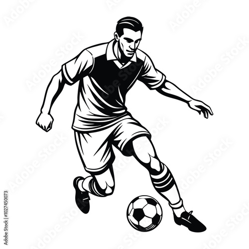 Vector illustration of a football player mid-dribble, focusing on footwork and movement. Smooth, clean lines perfect for sports apparel and products.