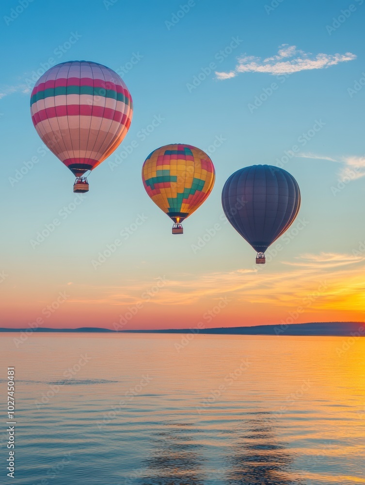 Colorful hot air balloons ascend gracefully over tranquil waters as the sun sets, creating a breathtaking display of nature's beauty. Generative AI Colorful hot air balloons ascend gracefully over tranquil waters as the sun sets, creating a breathtaking display of nature's beauty. Generative AI