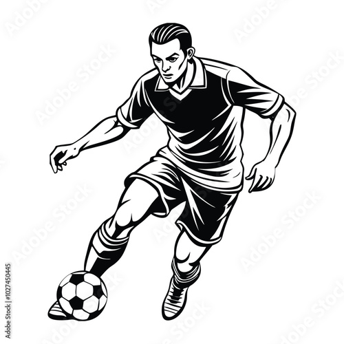 Vector illustration of a football player mid-dribble, focusing on footwork and movement. Smooth, clean lines perfect for sports apparel and products.