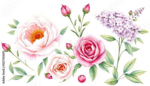 Peony, rose, lilac flowers, buds and leaves on white background, watercolor floral clipart AI Generate