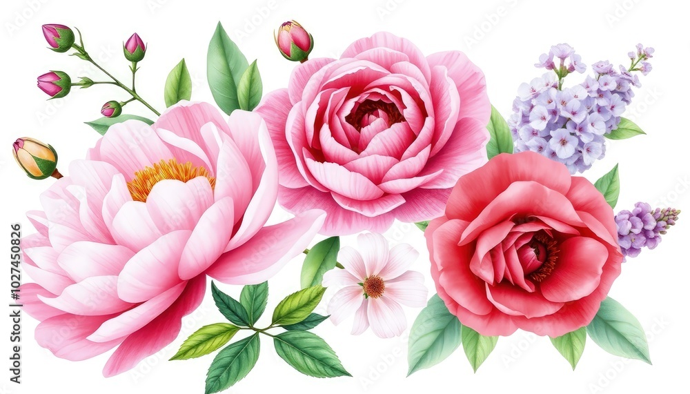 Peony, rose, lilac flowers, buds and leaves on white background, watercolor floral clipart AI Generate Peony, rose, lilac flowers, buds and leaves on white background, watercolor floral clipart AI Generate