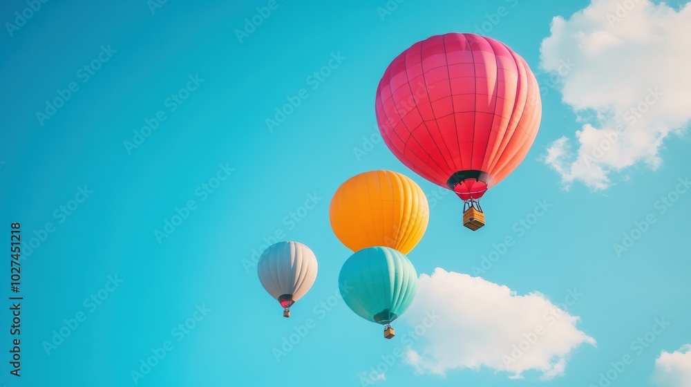 Fototapeta premium Colorful hot air balloons float gracefully against a vibrant blue sky, creating a cheerful atmosphere on a sunny day. Generative AI