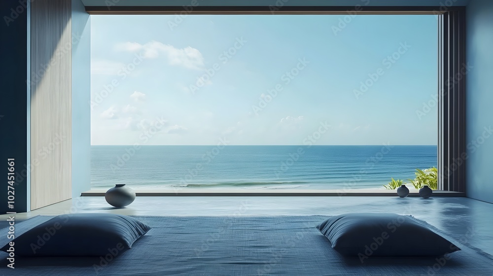 Minimalist Meditation Room with Calming Ocean View and Soft Pillows for Mindfulness Practice Minimalist Meditation Room with Calming Ocean View and Soft Pillows for Mindfulness Practice
