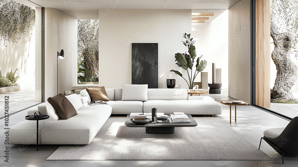 Modern living room with minimalist decor, large windows, and abundant natural light. Modern living room with minimalist decor, large windows, and abundant natural light.