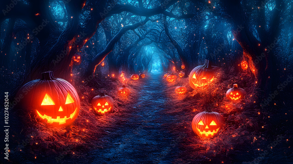 An Enchanting and Sparkling Halloween Forest Scene Imagined With Cartoon Style Creatures An Enchanting and Sparkling Halloween Forest Scene Imagined With Cartoon Style Creatures