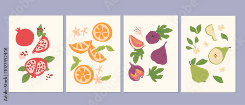 Abstract modern posters with fruits, flat design collection. Set of Vertical cards with tropical fruits whole, slices, pieces.Pomegranate, orange, figs, pears posters set.