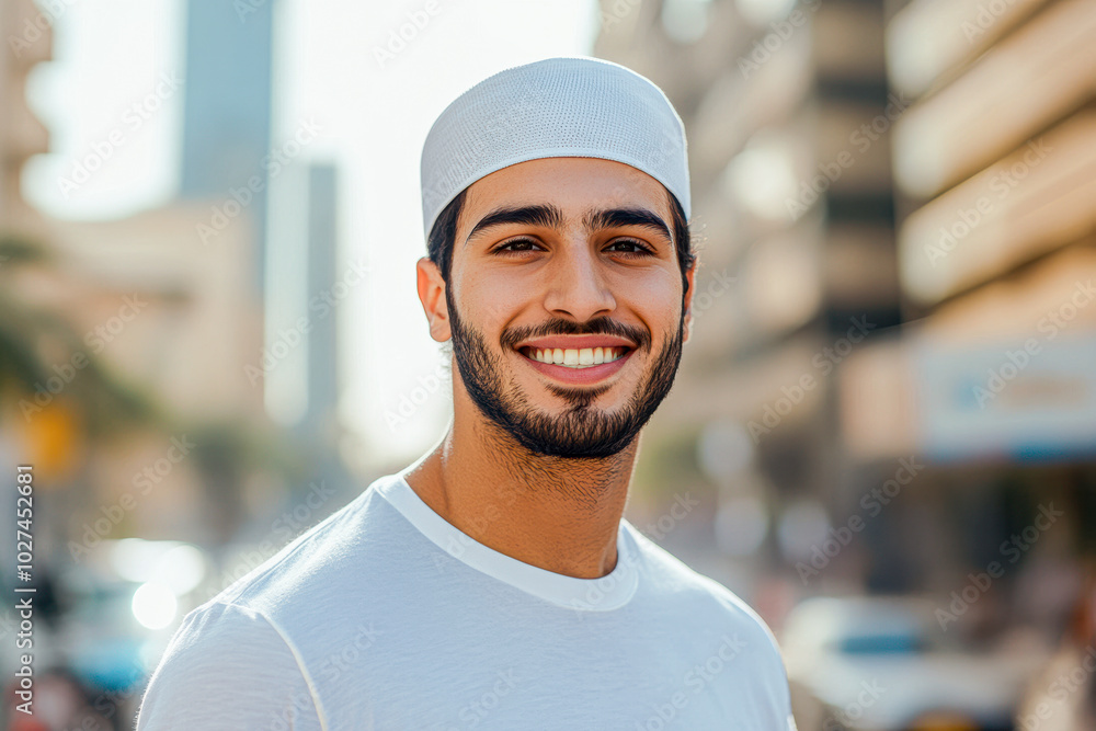 A smiling man wearing a white shirt and a white hat A smiling man wearing a white shirt and a white hat