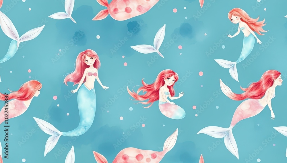 Obraz premium Mermaids background with watercolor illustration, seamless pattern AI Generate