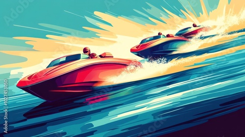 Speedboat racing vector illustration, showing boats competing in a high-speed race over water, vibrant waves