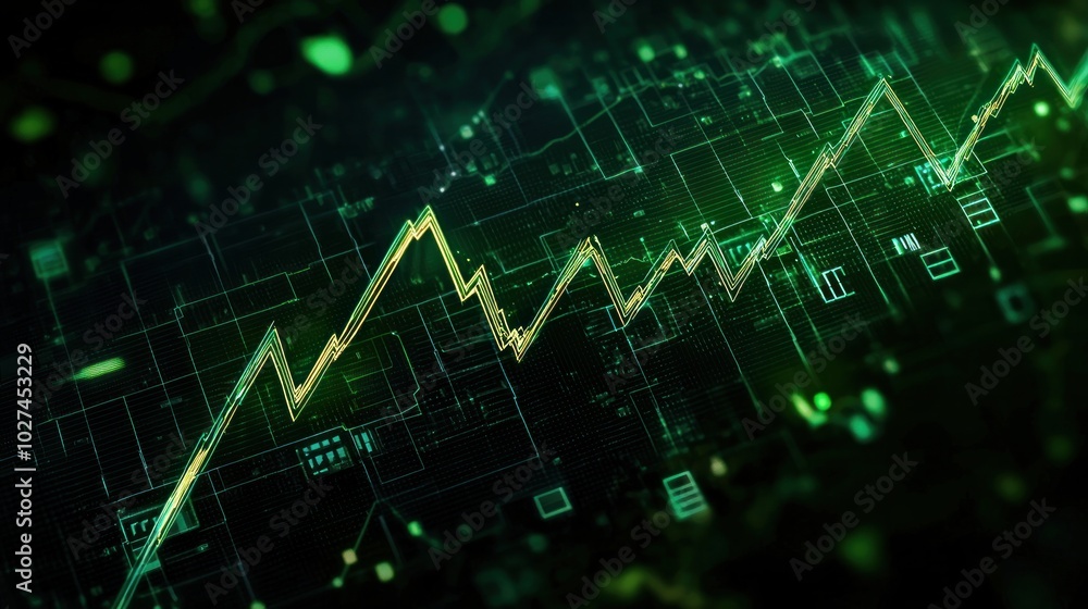 Abstract data visualization depicting a rising graph trend in green, symbolizing financial growth and progress. Abstract data visualization depicting a rising graph trend in green, symbolizing financial growth and progress.