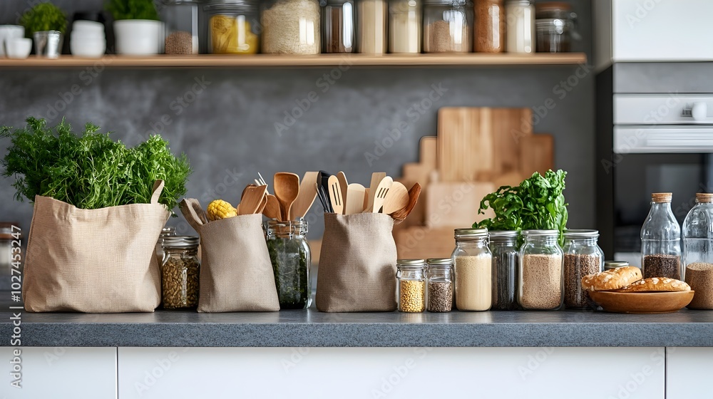 Fototapeta premium Sleek Modern Kitchen with Sustainable Appliances and Zero Waste Groceries