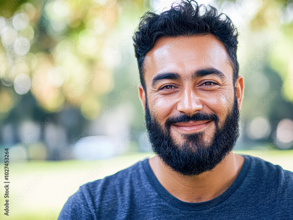 Fototapeta premium Confident Modernity Close-Up Portrait of Happy Young Man with Attractive Beard in Park