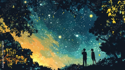 Stargazing vector illustration, depicting characters looking up at the stars, peaceful night sky and nature setting