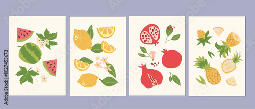 Abstract modern posters with fruits, flat design collection. Set of Vertical cards with tropical fruits whole, slices, pieces.Watermelon, lemons, pineapple, pomegranate