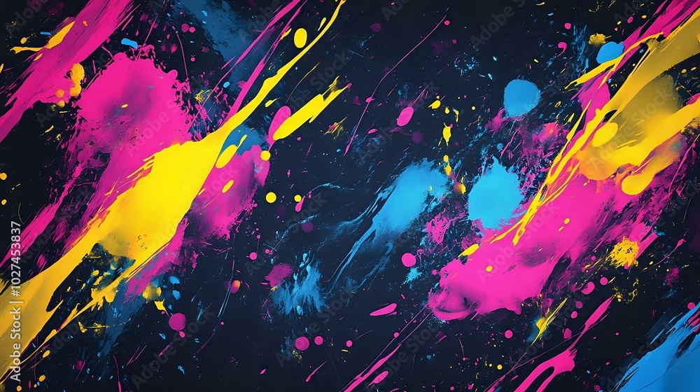 Abstract background with neon splashes of pink, yellow, and blue, creating an energetic, modern art-inspired look Abstract background with neon splashes of pink, yellow, and blue, creating an energetic, modern art-inspired look