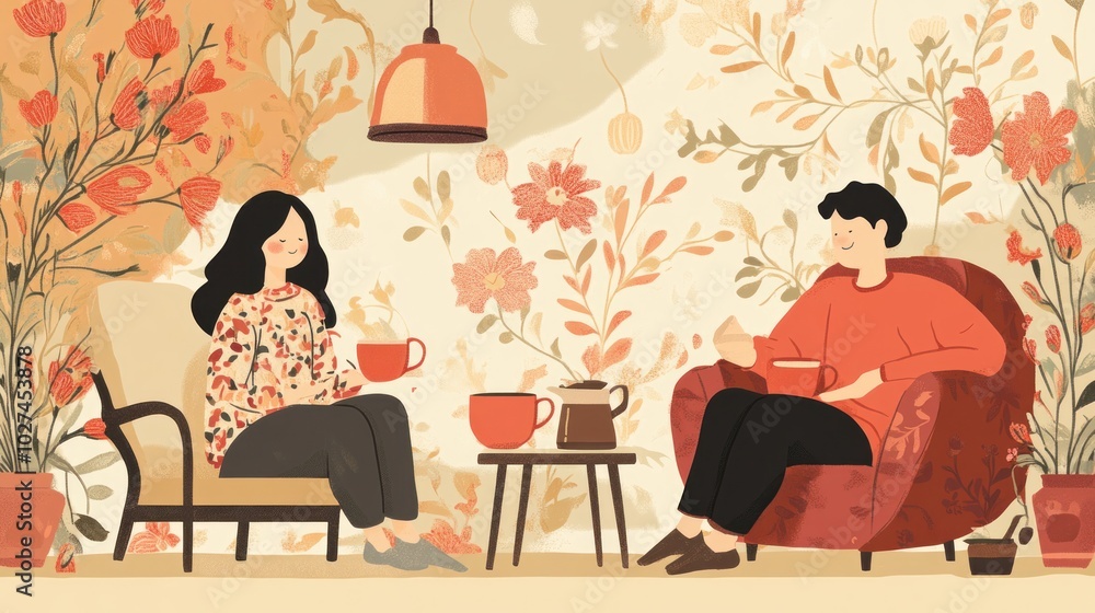 Tea time illustrations, featuring characters enjoying a relaxing tea break, cozy scenes with warm mugs and teapots Tea time illustrations, featuring characters enjoying a relaxing tea break, cozy scenes with warm mugs and teapots