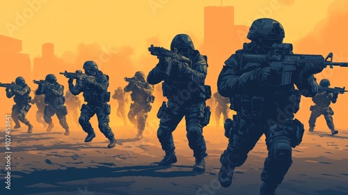 Tactical unit vector illustration, showing a group of soldiers in strategic formation, detailed weapons and equipment