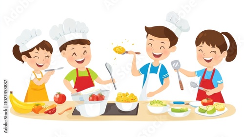 Teaching kids to cook vector, depicting parents guiding children through simple recipes in the kitchen