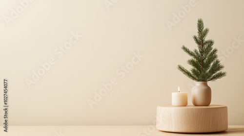 Scandinavian-style room with natural wood decor, sparse ornaments on a small pine tree